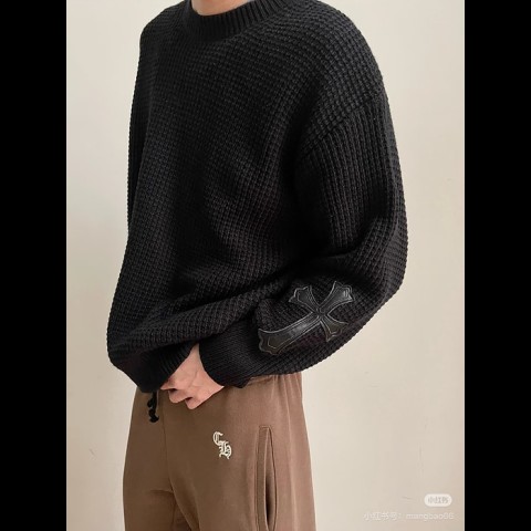 chrome heart* 크로스 레더 패치 라운드 니트 (공용)